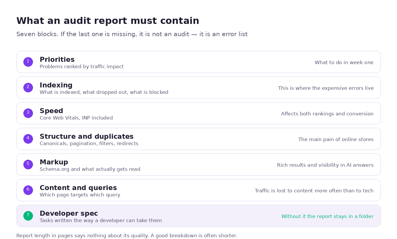 Structure of a proper website audit report: priorities, indexing, speed, structure and duplicates, markup, content, developer spec