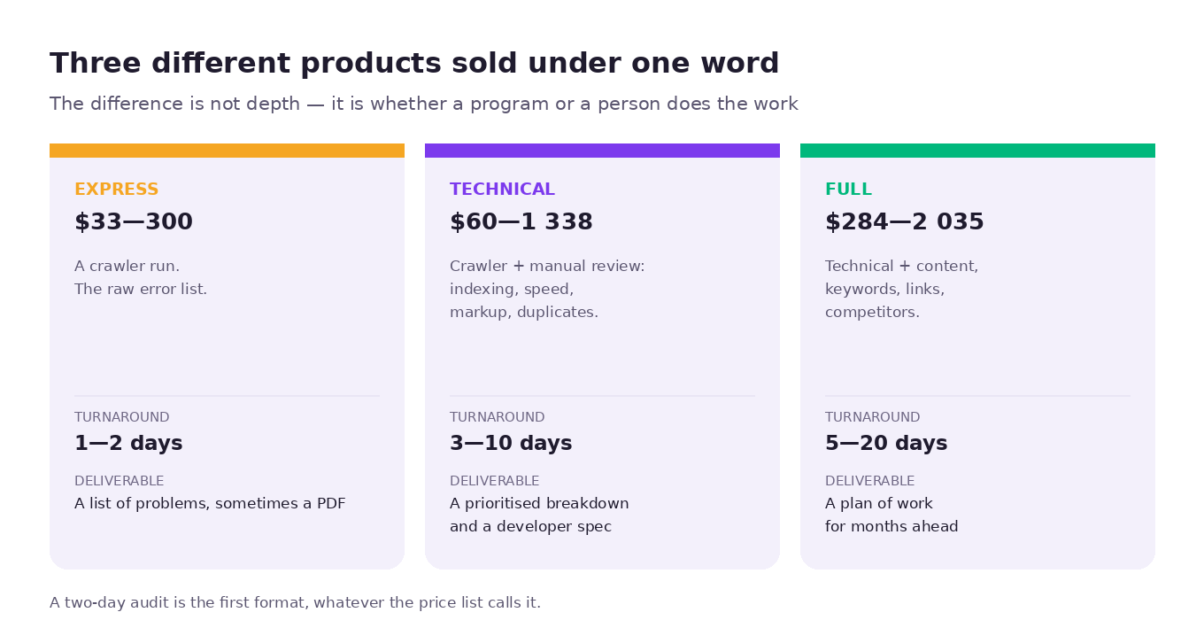 Three website audit formats: express, technical and full — what is inside each, how long it takes and what the client receives