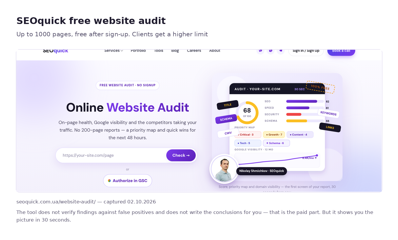 First screen of the free SEOquick website audit: address field, Google Search Console sign-in, priority map