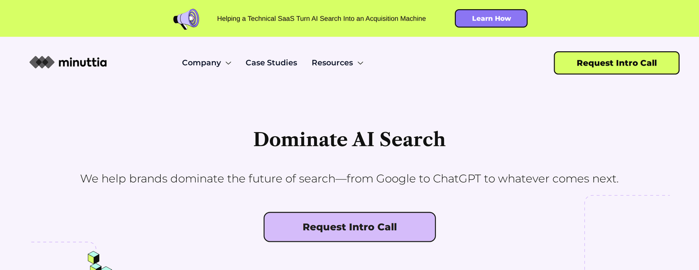 Головна сторінка Minuttia із заголовком Dominate AI Search