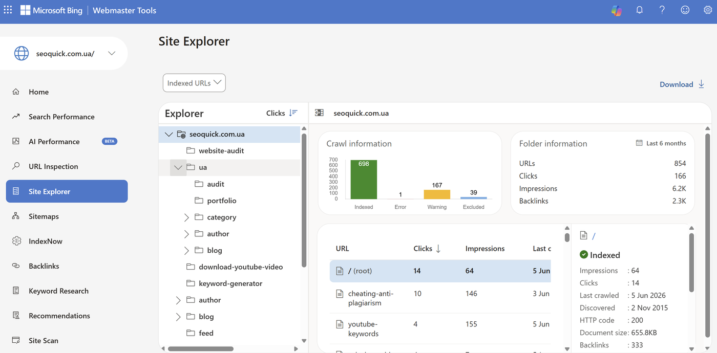 Site Explorer in Bing Webmaster Tools: a tree of site sections with indexing statuses and URL counts