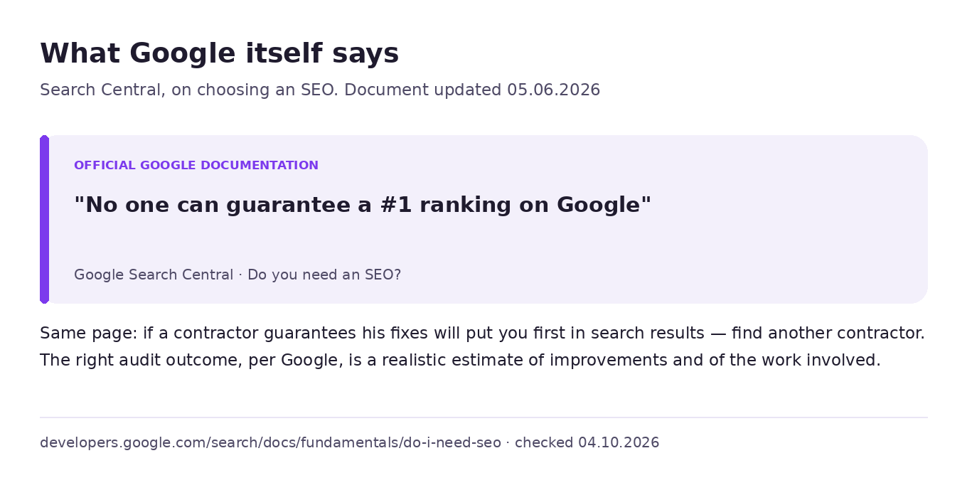 A quote from the official Google Search Central documentation: no one can guarantee a #1 ranking in Google search results