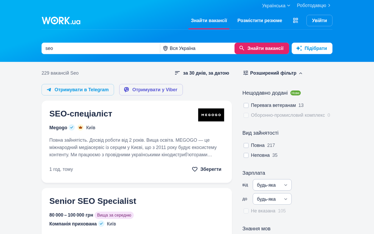 Вакансии SEO на Work.ua: 229 вакансий, зарплата Senior SEO Specialist 80 000–100 000 грн (июнь 2026)
