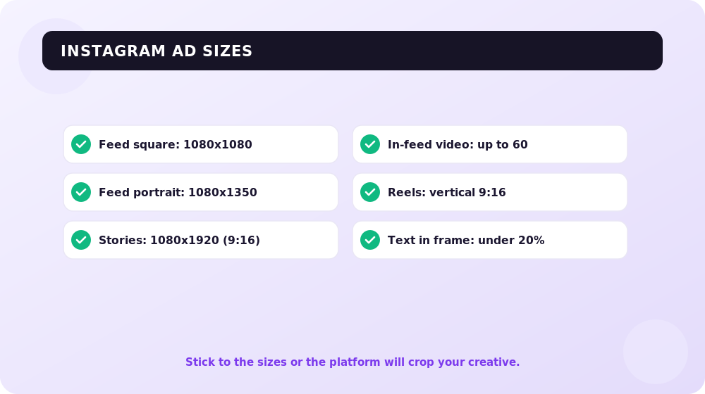 A cheat sheet of Instagram ad sizes and formats.