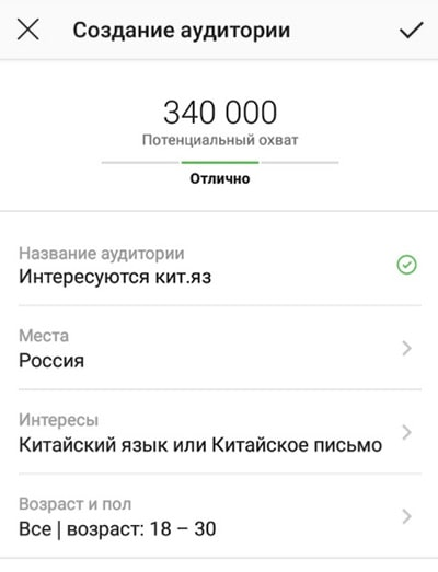 Настройка аудитории для показа рекламы