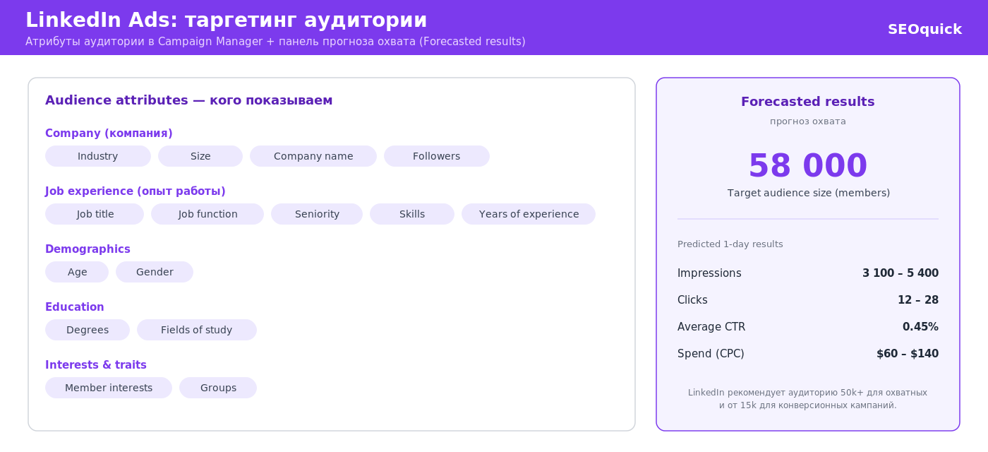 Налаштування аудиторії в LinkedIn: атрибути таргетингу та панель Forecasted Results