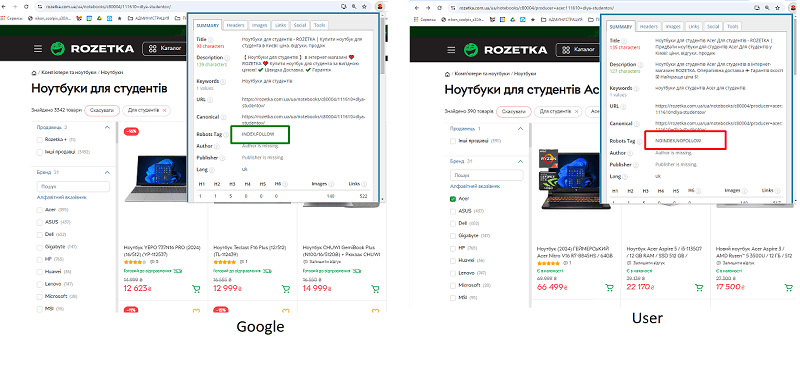 Google и пользователь посетят разные страницы