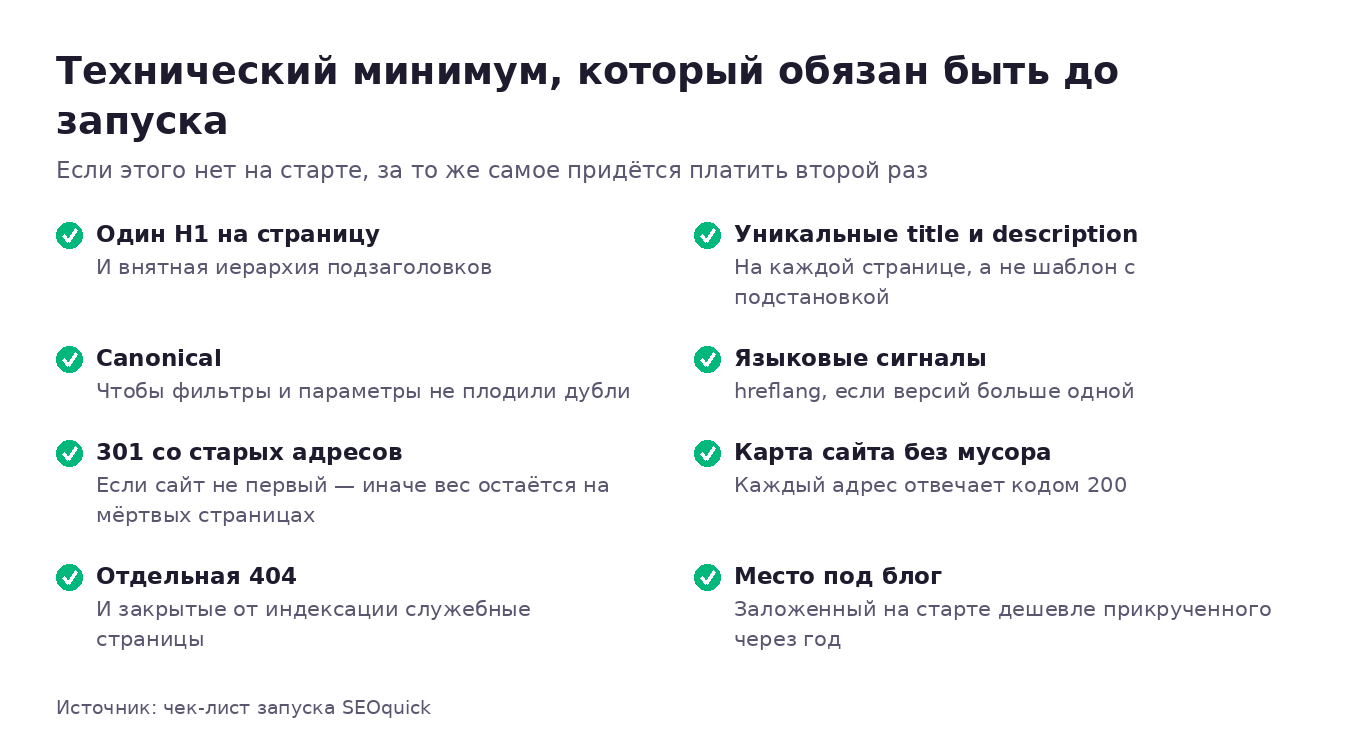 Технический минимум до запуска сайта: один H1, уникальные title и description, canonical, hreflang, 301 со старых адресов, чистая карта сайта, отдельная 404, место под блог