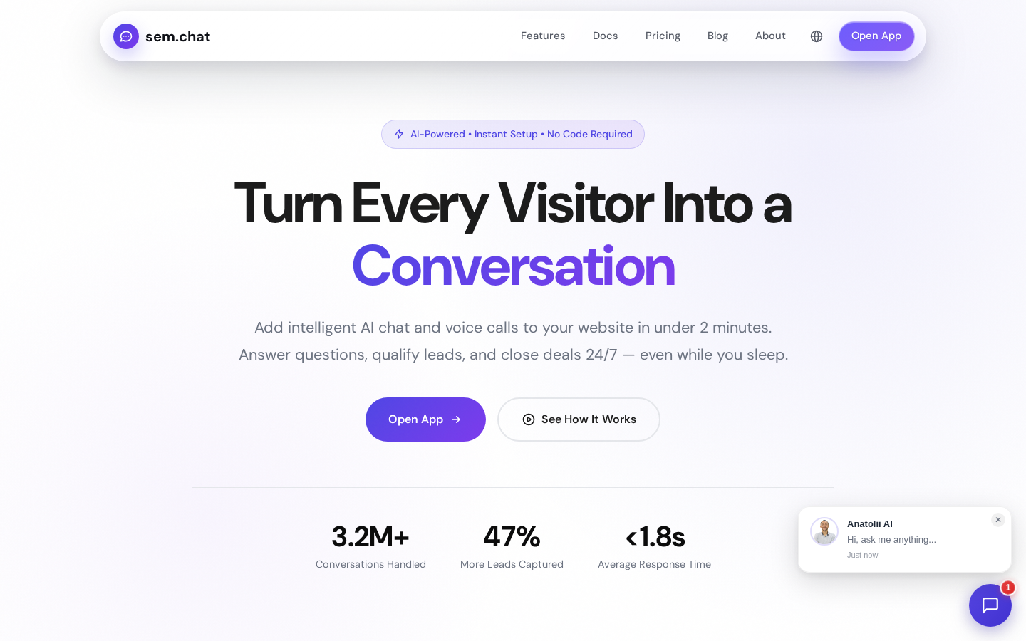 Головна sem.chat: Turn Every Visitor Into a Conversation — AI-чат і голосові дзвінки, 3,2M+ діалогів, відповідь менш ніж 1,8 с