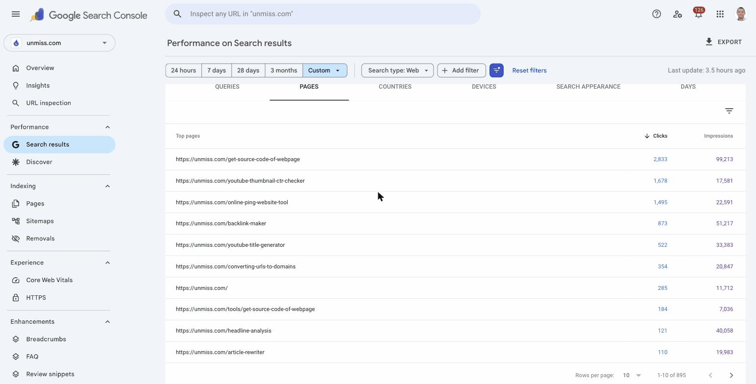 Search Console, топ сторінок за період зростання: всі лідери — сторінки інструментів