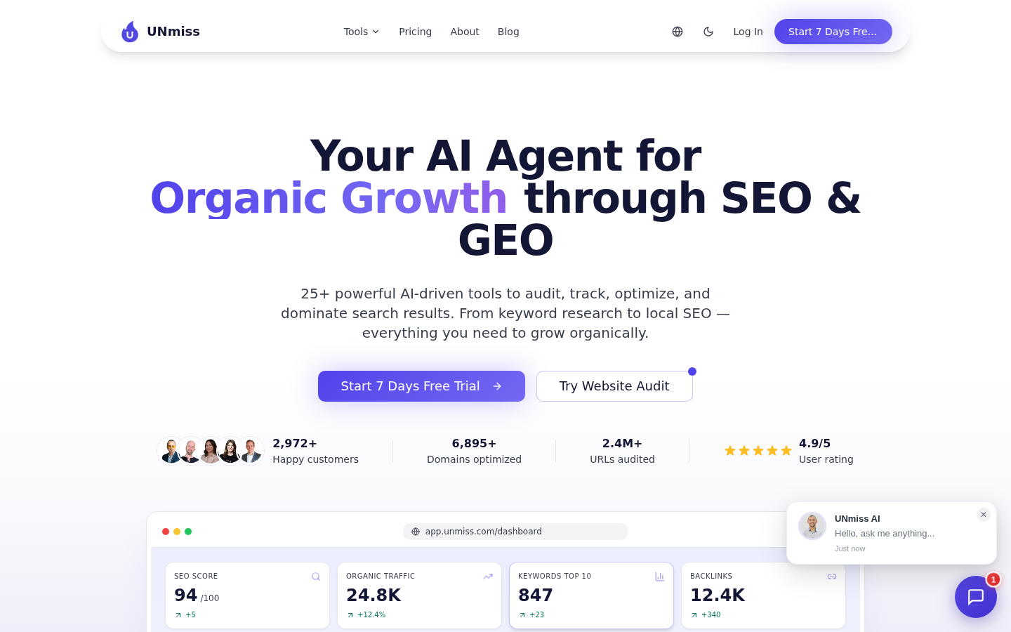 Головна UNmiss.com: Your AI Agent for Organic Growth through SEO & GEO, 25+ інструментів