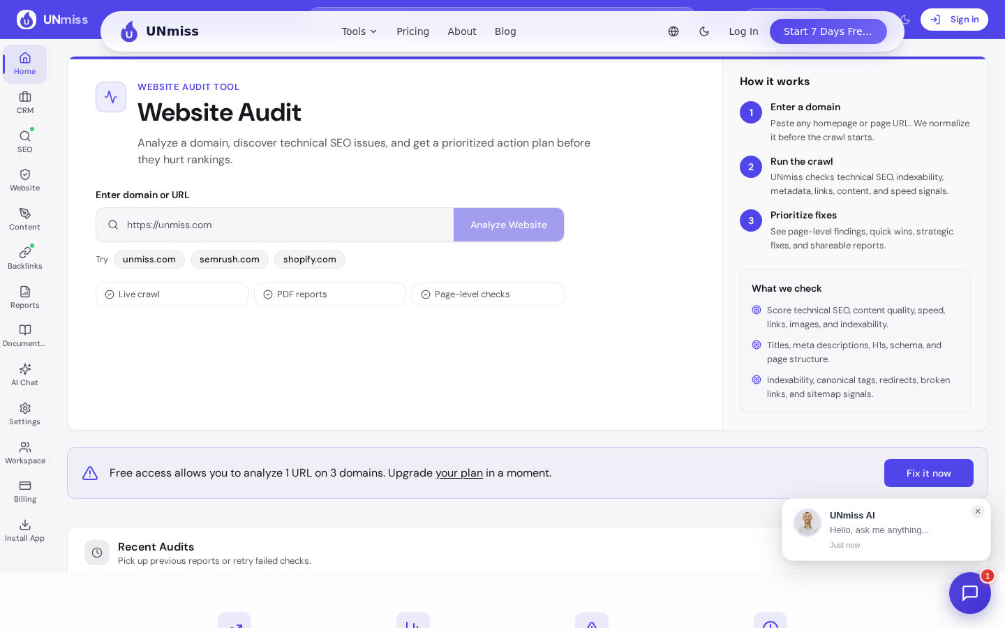Сторінка інструмента Website Audit: живий інструмент, як це працює, що перевіряємо — і CRM у меню кабінету