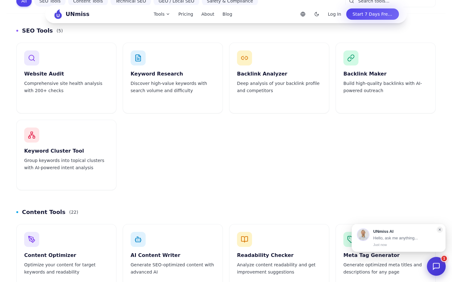 Хаб інструментів UNmiss: категорії SEO Tools, Content Tools, Technical SEO, GEO/Local SEO