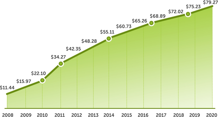 Існуючі і плановані витрати на SEO серед американського бізнесу 2008-2020 в мільярдах доларів
