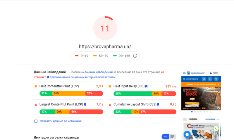 the site had poor Web Vitals scores